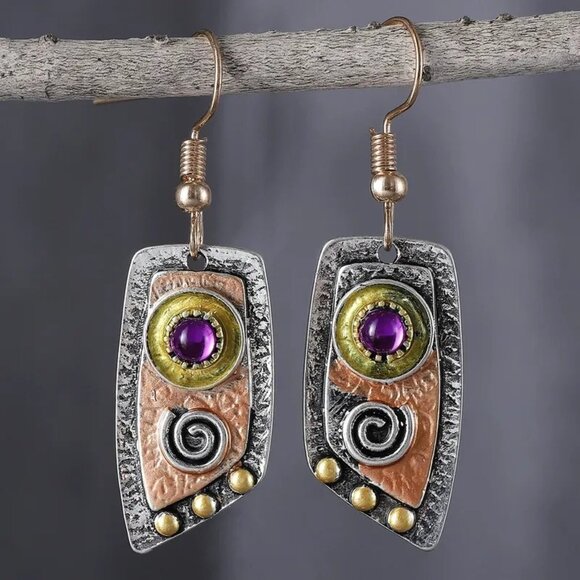 Artisan Style Earrings Pierced Green Purple Chandelier Copper Gold Silver Tone 1 - Picture 3 of 3